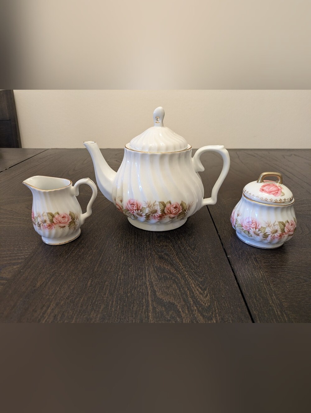 Royal Oak - 3pc Ceramic Floral Tea Set - Teapot, Creamer And Sugar Bowl